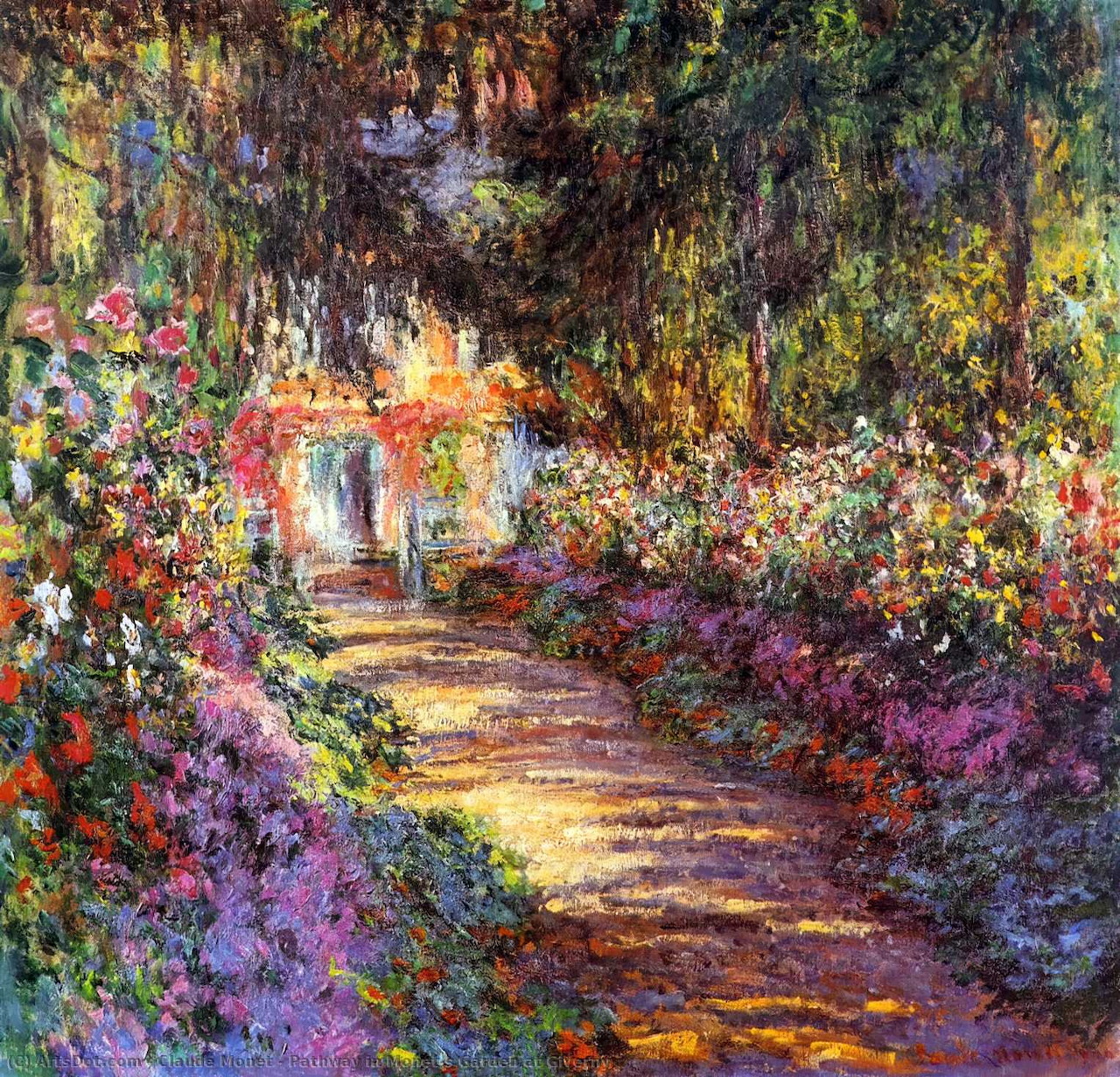 Impressionist garden path with colorful flowers and dappled sunlight under leafy archway