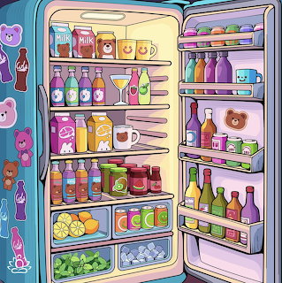 Illustration of open refrigerator with colorful food items and beverages on shelves
