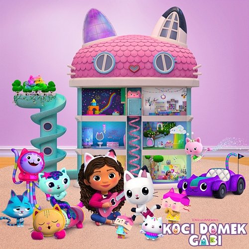 Pink cat-shaped dollhouse with cartoon girl, toy animals, and furnished rooms on purple background
