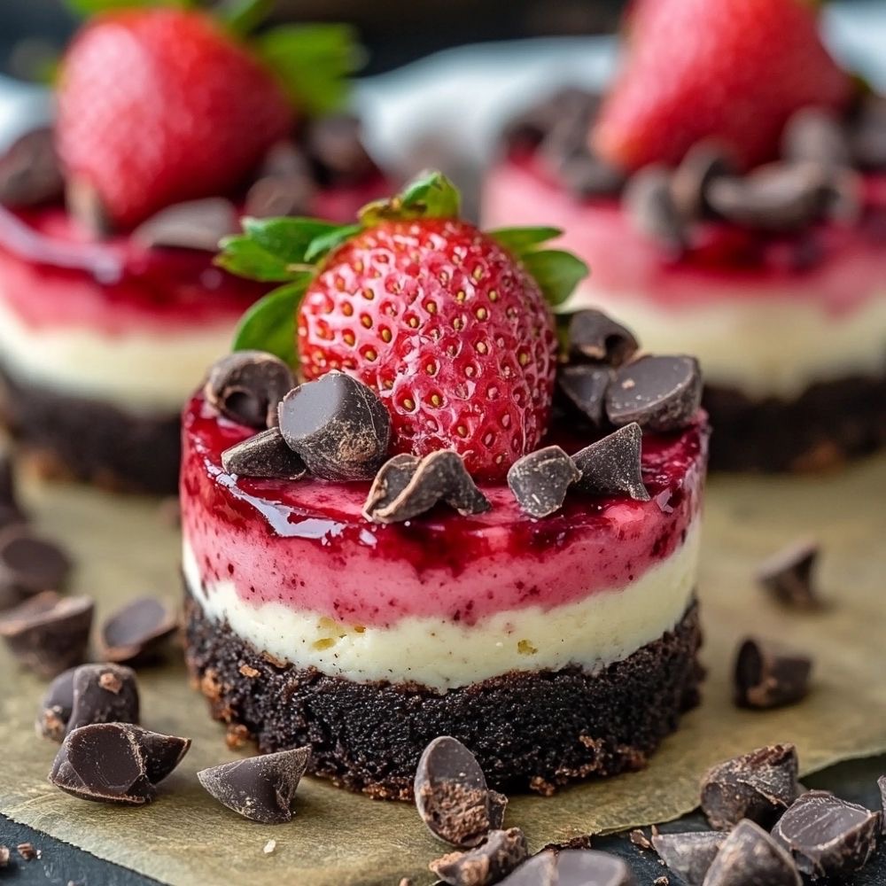 Mini strawberry cheesecake desserts with chocolate base and fresh berry topping on wooden board