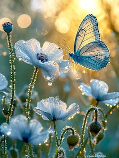 Blue butterfly perched on white poppy flowers with soft golden bokeh background