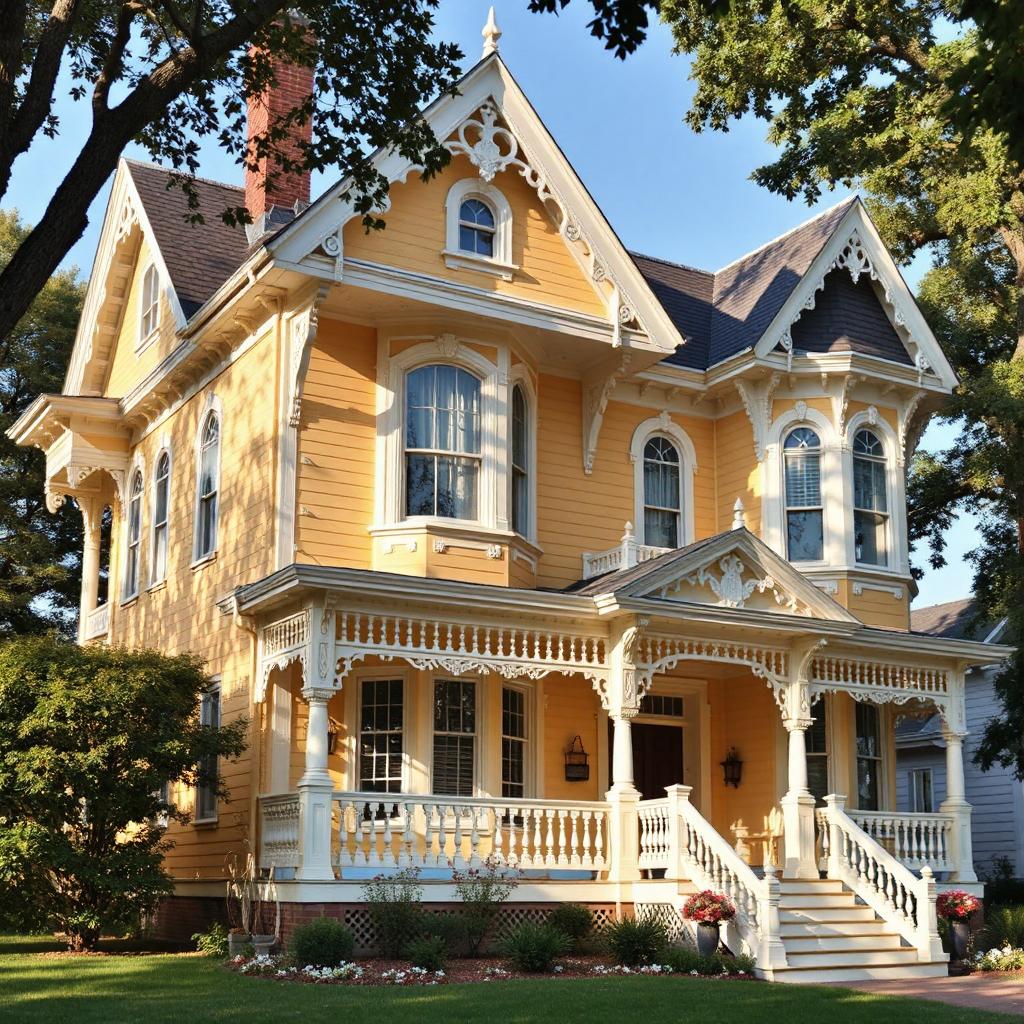 Yellow Victorian mansion with white trim, wraparound porch, ornate details, and surrounding trees