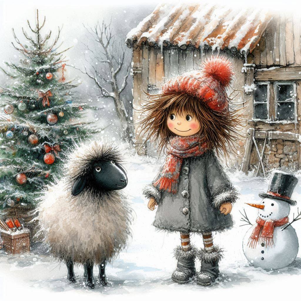 Child with sheep and snowman by Christmas tree in snowy village scene
