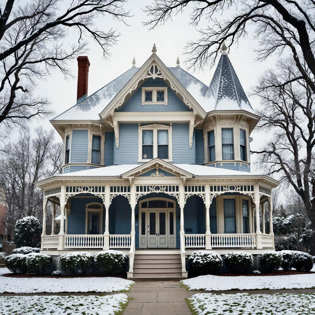 Victorian mansion with snow-covered lawn and bare trees framing the house in winter
