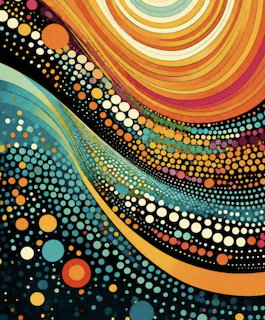 Abstract wavy pattern with multicolored dots and concentric arcs in orange, teal, and yellow tones
