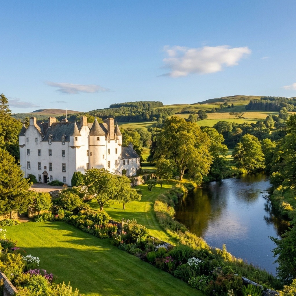 White turreted house beside a river with gardens, trees, and green hills under a blue sky