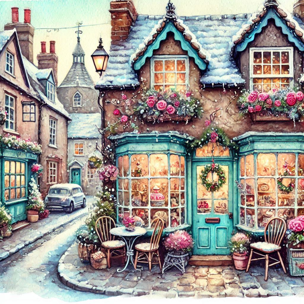 Snowy cottage storefront with turquoise doors, Christmas wreath, flower boxes, and cafe tables on cobblestone street