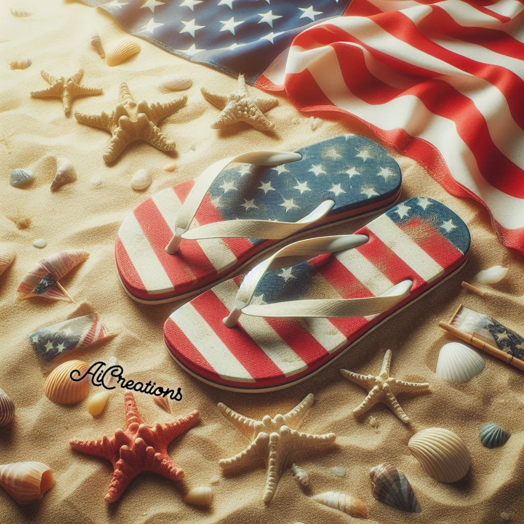 American flag flip flops on sand with seashells, starfish, and a draped U.S. flag