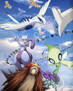 Legendary Pokemon including Lugia, Articuno, Mewtwo, and others flying dramatically through cloudy blue sky