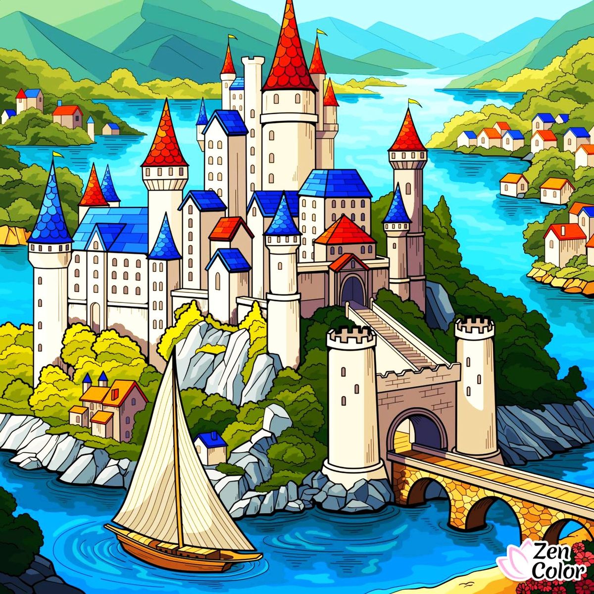 Colorful cartoon castles with red and blue towers beside a river in a mountainous landscape with small village houses