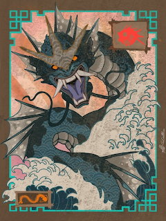 Blue serpentine dragon creature emerging from stylized ocean waves in Japanese art style