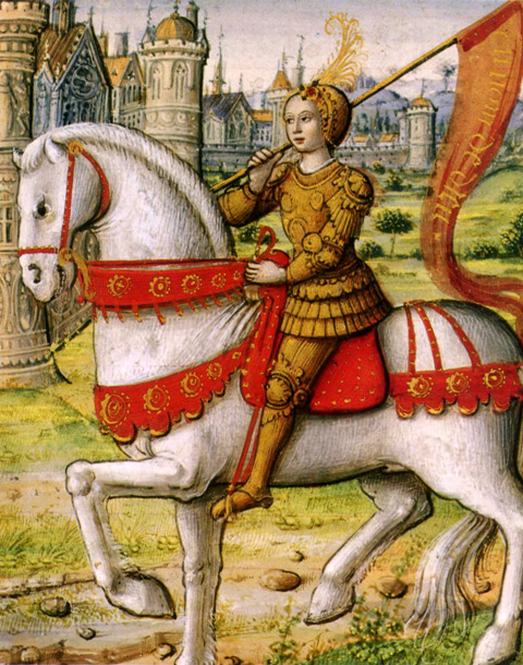 Joan of Arc in armor on white horse holding banner, medieval castle background