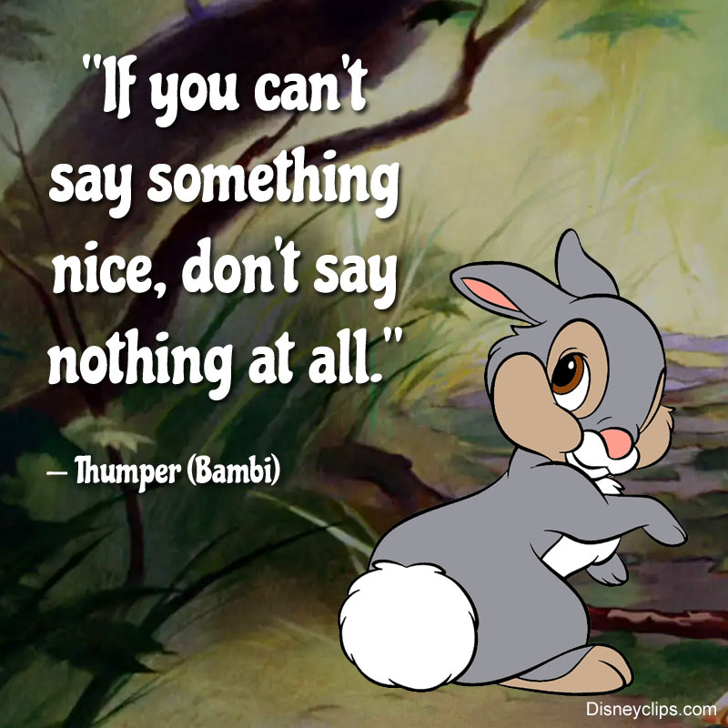 Gray cartoon rabbit Thumper with white cotton tail and quote text on green forest background