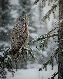 Gray owl sitting on snowy pine branch in falling snow