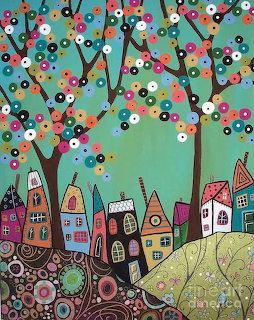 Whimsical illustration of colorful houses under stylized trees with bright circular blossoms