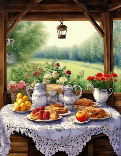 Illustrated porch table with tea set, pastries, fruit, and flower vases overlooking a green garden