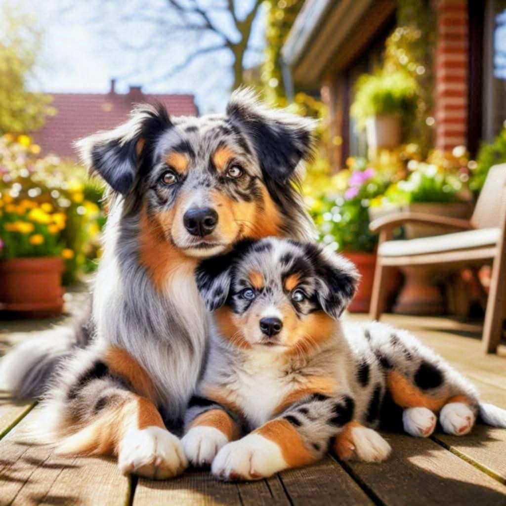 Adult and puppy Australian Shepherd dogs sitting on wooden porch with blurred house and garden behind