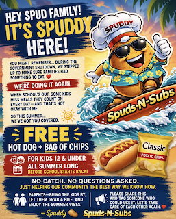 Bright flyer with cartoon potato mascot Spuddy promoting free hot dog and bag of chips for kids at Spuds-N-Subs