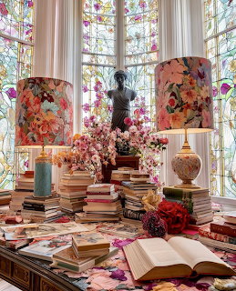 Cozy interior with stacked books, pink flowers, lamps, and stained glass windows
