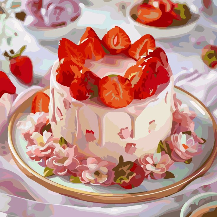 Stylized strawberry cake with pink frosting and sliced strawberries on a plate