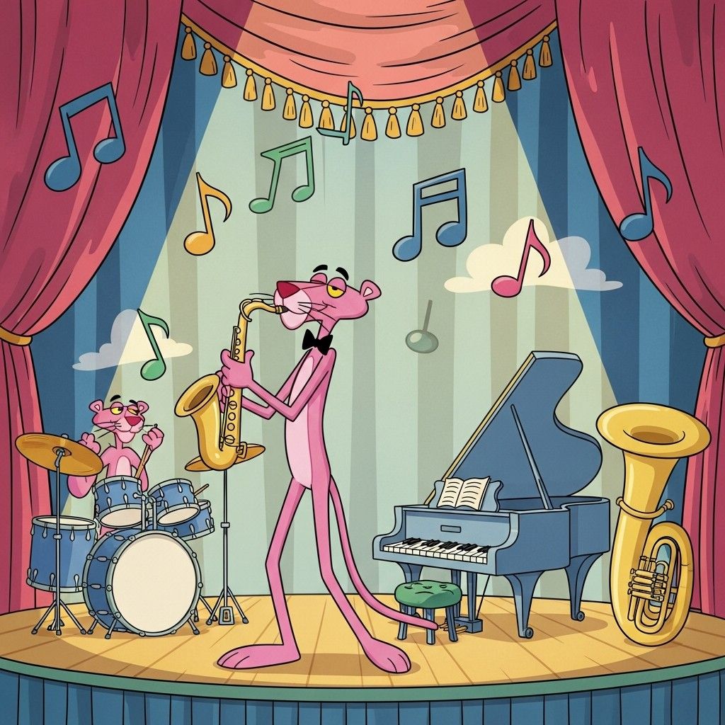 Pink Panther cartoon character playing saxophone on stage with drums, piano and tuba