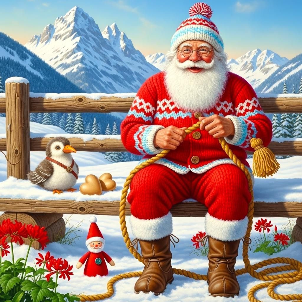 Santa Claus knitting on snowy bench with mountain lake backdrop and penguins