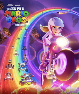 Princess Peach on rainbow road with Mario characters in purple cosmic background