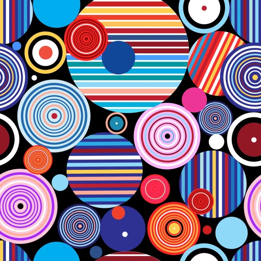 Abstract pattern of colorful concentric circles and horizontal stripes in retro style on black background