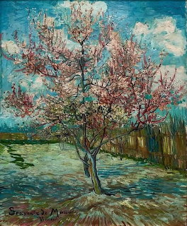 Impressionist painting of flowering peach tree with pink blossoms against turquoise sky by Vincent van Gogh