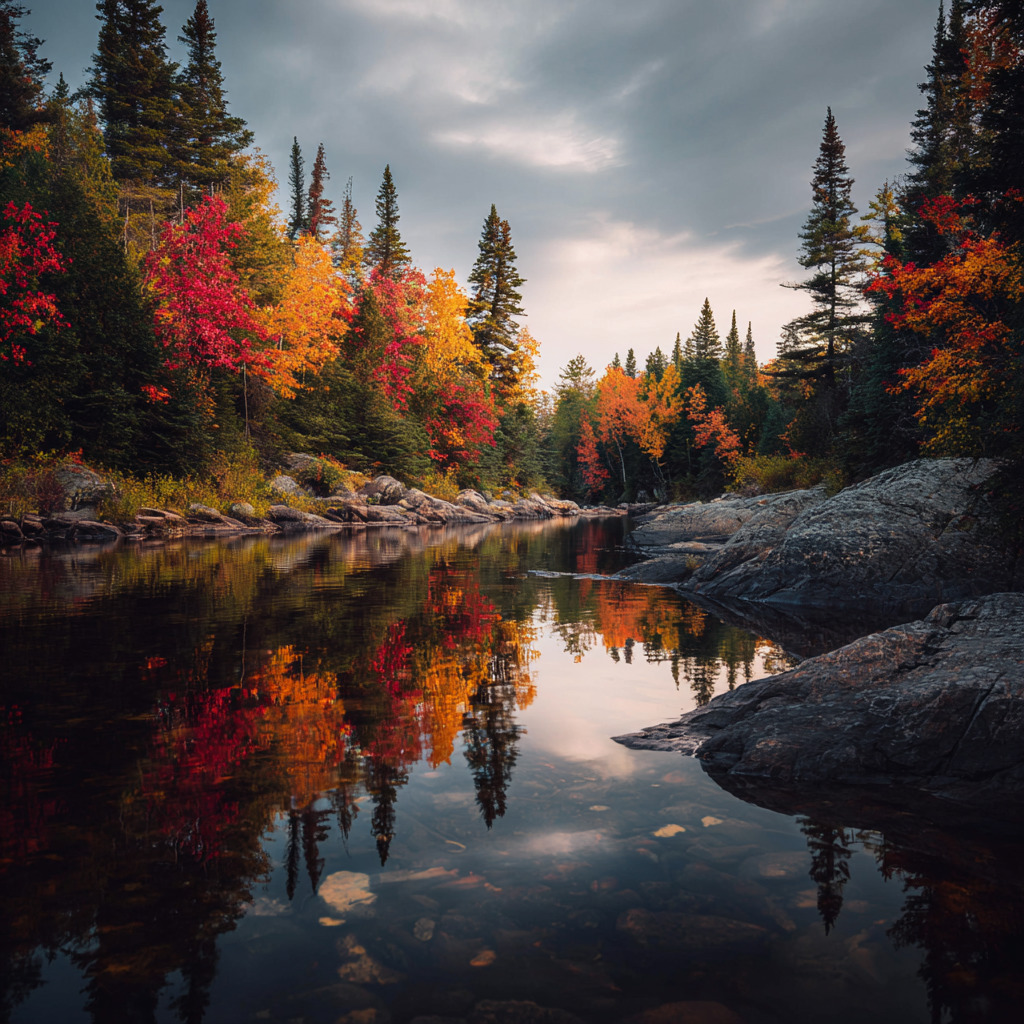 River reflecting colorful autumn trees and evergreens between rocky banks