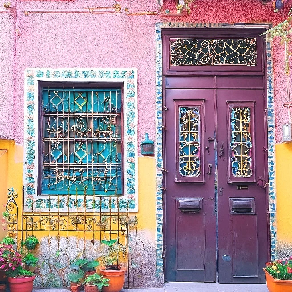 Pink building with purple ornate door, turquoise barred window, yellow wall section, and potted plants at base