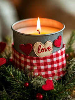 Lit candle in tin decorated with red checkered ribbon, love tag, hearts, and evergreen sprigs