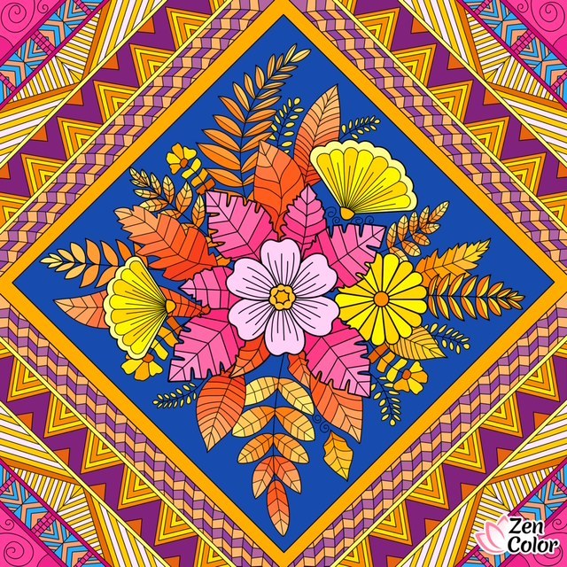 Symmetrical floral mandala with bright flowers and ornate geometric border patterns in vivid colors