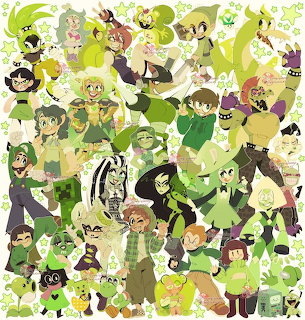 Dense collage of green-themed anime and cartoon characters from multiple series in various poses and styles