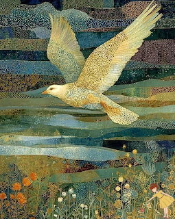 Barn owl flying over stream with flowers in decorative illustrated style