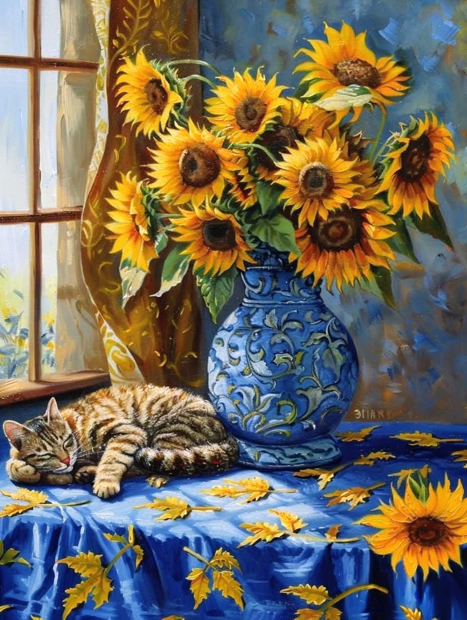 Cat Napping by Sunflowers