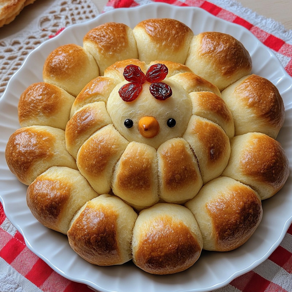Golden bread rolls arranged in a cute chick shape on a white plate with red striped cloth