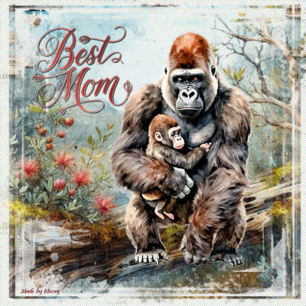 Illustration of a mother gorilla holding her baby with Best Mom text in the background