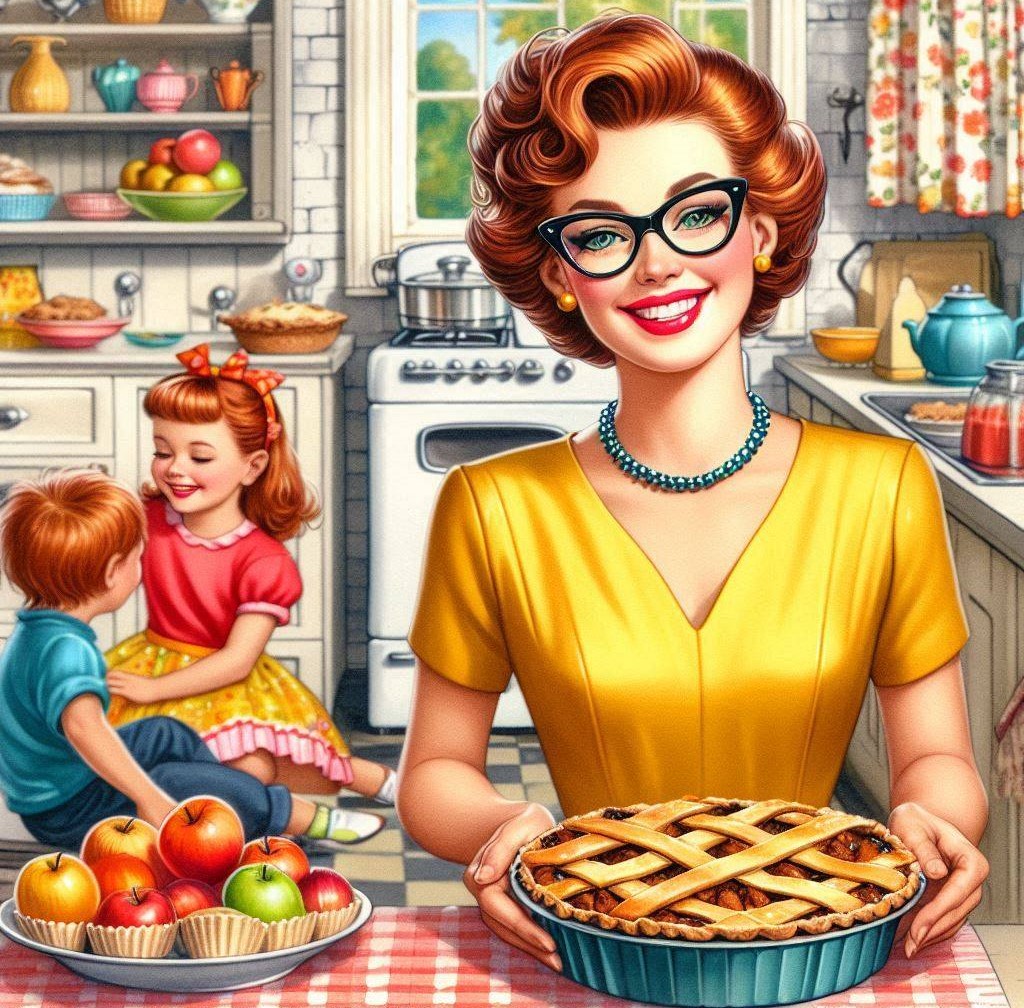 Smiling woman in yellow dress holding pie in vintage 1950s kitchen with two children seated at checkered tablecloth