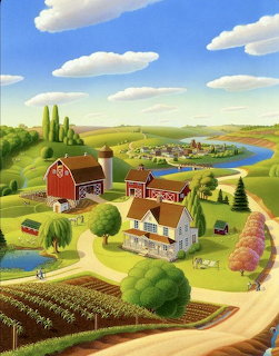 Idyllic folk art farm scene with barn, house, fields, and river in vibrant colors