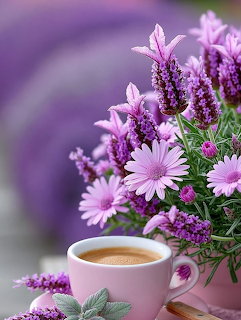 White coffee cup next to purple lavender flowers and pink daisies on a table