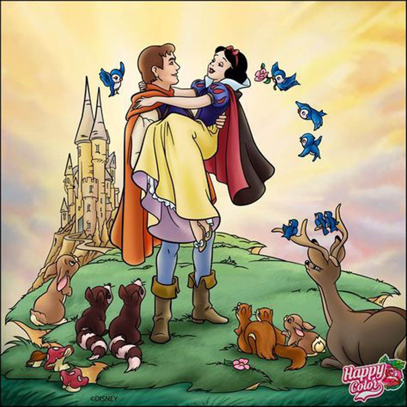 Snow White and prince embracing, surrounded by woodland creatures and castle backdrop