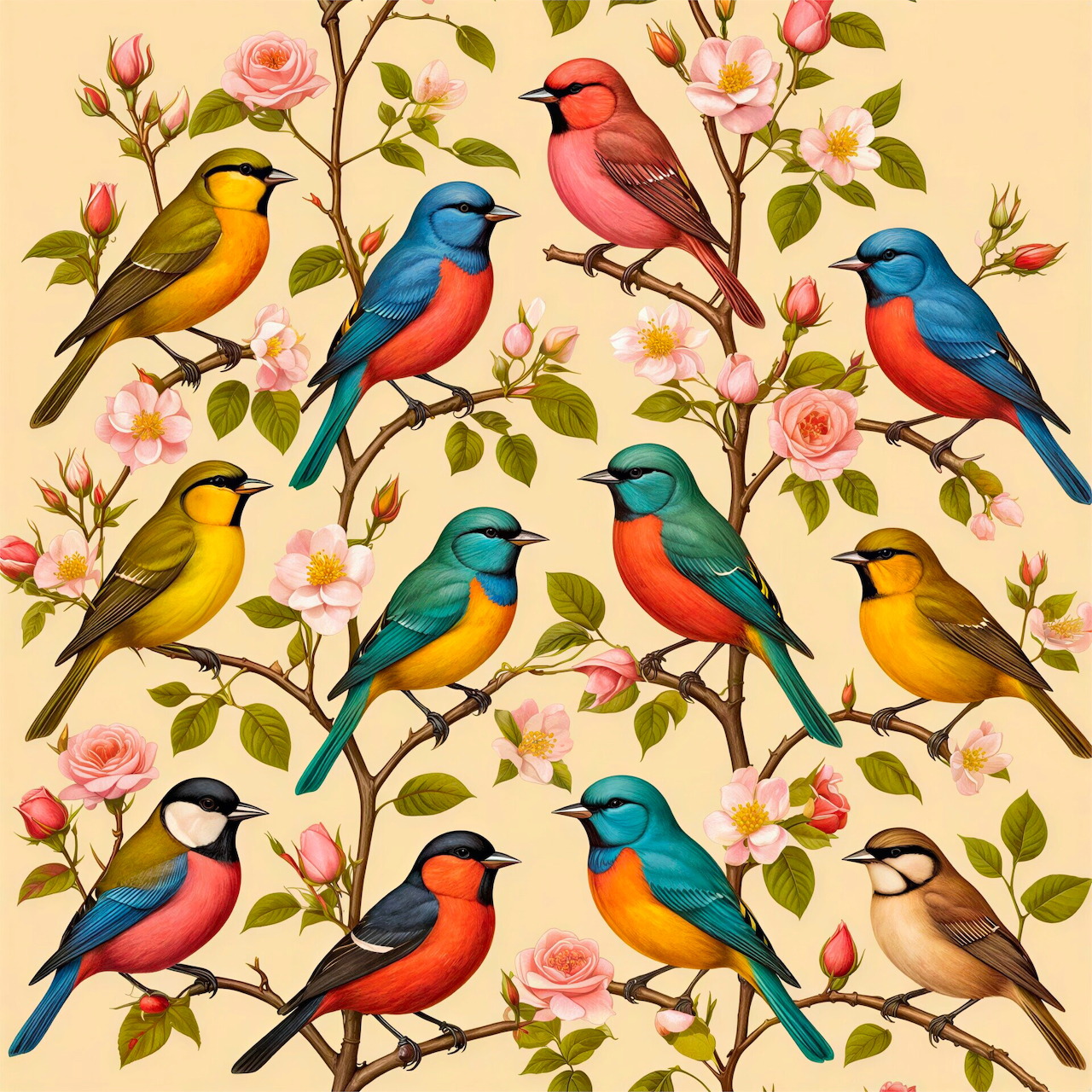 Colorful illustrated birds on pink flowering branches in a repeating pattern