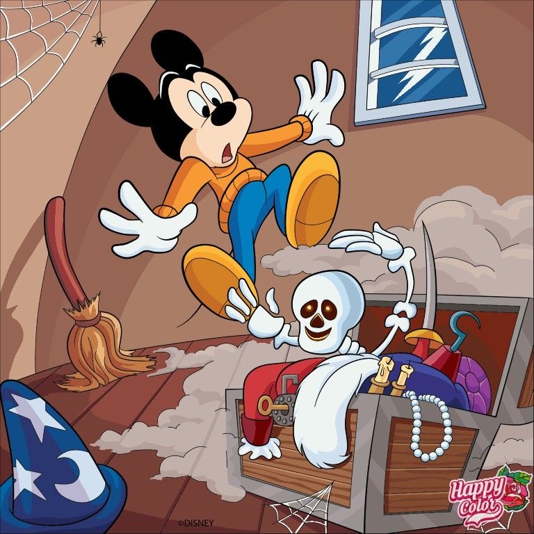 Mickey Mouse startled in attic with treasure chest and old toys