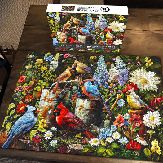 Completed bird-and-flower jigsaw puzzle with its box on a wooden table
