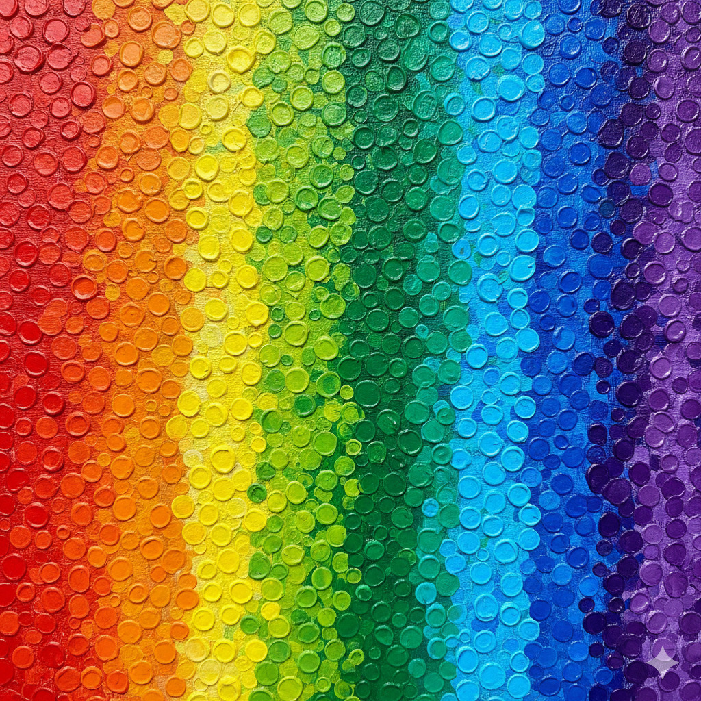 Abstract rainbow gradient made of raised impasto paint dots arranged in vertical stripes from red to purple