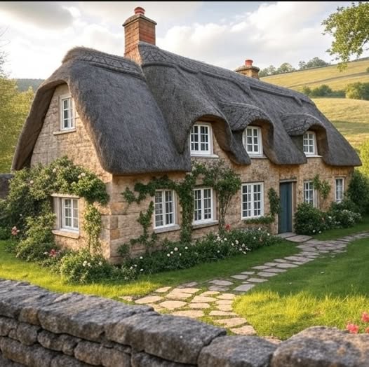 Stone cottage with thatched roof and garden path in green countryside