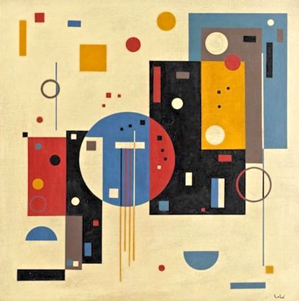 Abstract geometric painting with bold shapes in red, blue, yellow, and black on cream background