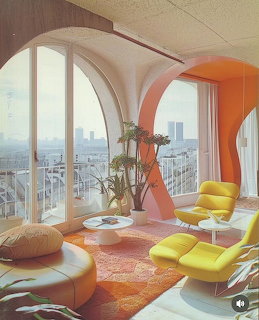 Retro 1970s living room with orange curved walls, yellow chairs, and arched windows with city view