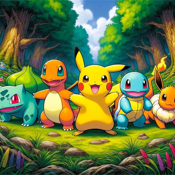 Four Pokemon characters smiling in a colorful forest scene with trees and grass